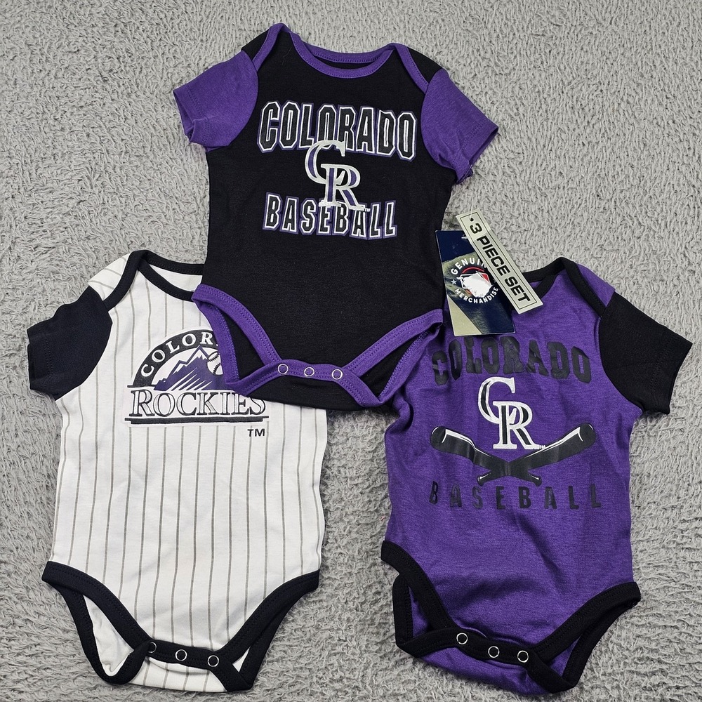 Colorado Rockies Shirt Bodysuit Boys 0-3M Purple MLB Genuine Merchandise 3 Piece